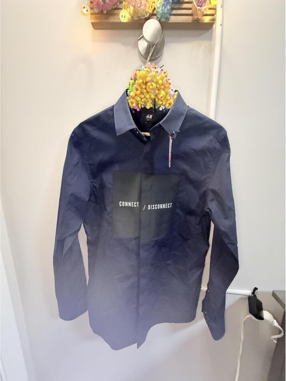 H&M Men's Navy Blue Button-Up Shirt with CONNECT / DISCONNECT Print